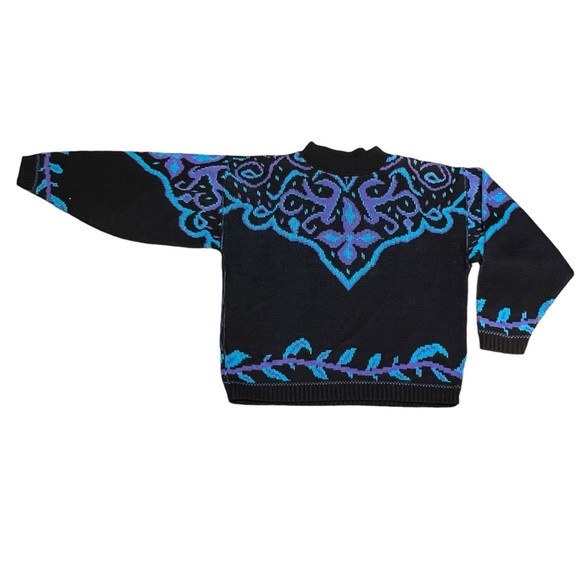 La Venture Vintage Abstract Jacquard Cozy 80’s Teal Black Purple Sweater - Picture 5 of 9